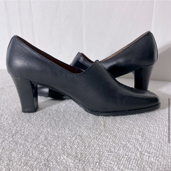 Infinity Black Leather Slip On Square Toe Low Heels W Brown Peekaboo Toe 7.5 - Picture 10 of 14
